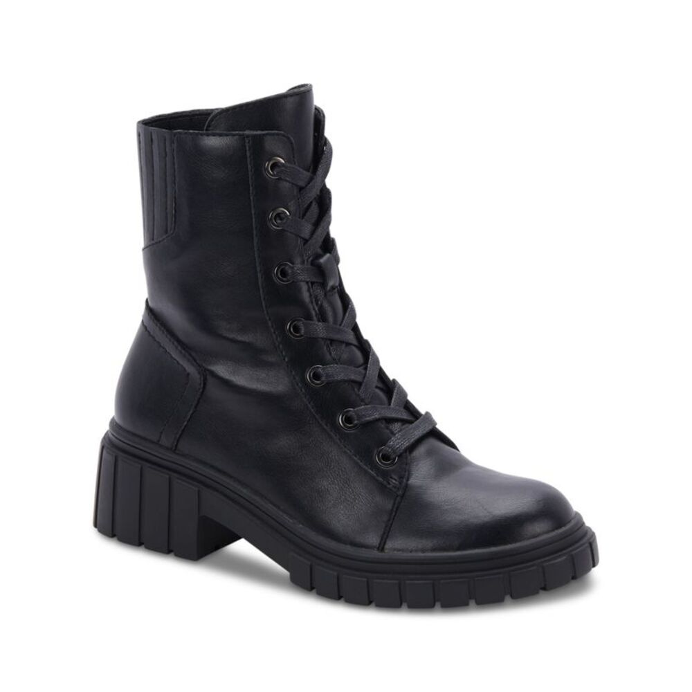 AQUA COLLEGE Womens Black Up Perel Toe Block Heel Leather Combat Boots 10 M